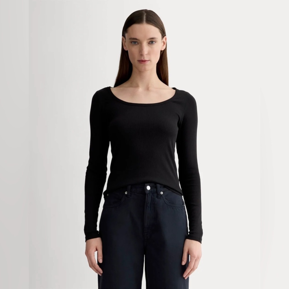 Everlane Classic rib stretchy Black Long Sleeve Top scoop fitted chic cos co sma